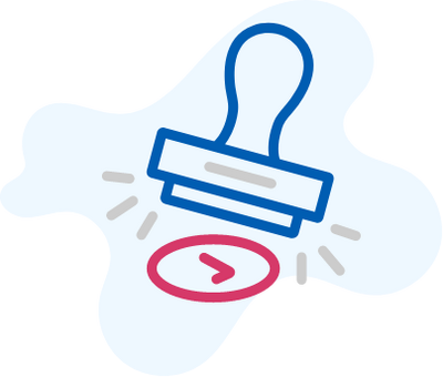 iconagraphy of a rubber stamp stamping a checkmark down on paper