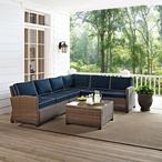 Crosley  Bradenton 5-Piece Navy Cushion Sectional Wicker Seat Set with Two Loveseats One Center Chair One Corner Chair and One Glass Top Coffee Table