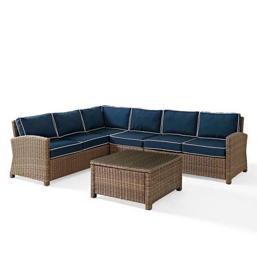 Crosley  Bradenton 5-Piece Navy Cushion Sectional Wicker Seat Set with Two Loveseats One Center Chair One Corner Chair and One Glass Top Coffee Table