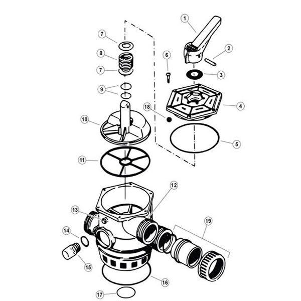 Waterco 1-1/2" Top Mount 6 Way Multiport Backwash Valve Parts