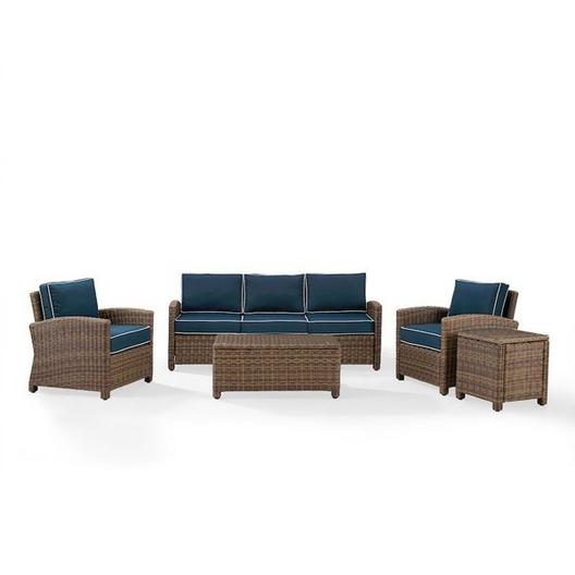 Crosley  Bradenton 5-Piece Wicker Conversation Set and Sangria Cushions with One Loveseat Two Arm Chairs Side Table and Coffee Table