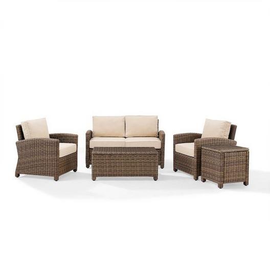 Crosley  Bradenton 5-Piece Wicker Conversation Set with One Loveseat Two Arm Chairs Side Table and Coffee Table