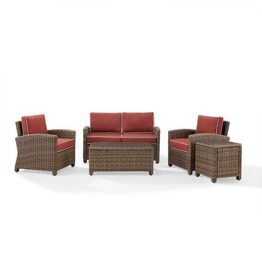 Crosley  Bradenton 5-Piece Wicker Conversation Set with One Loveseat Two Arm Chairs Side Table and Coffee Table