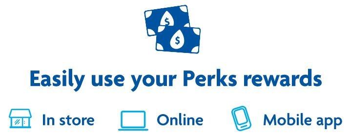 Image reiterating that you can easily use your perks rewards online, in store, or on the mobile app.