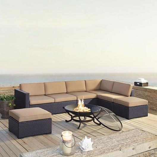 Crosley  Biscayne Mist 6-Piece Wicker Set with Two Loveseats One Armless Chair Two Ottomans and Fire Pit