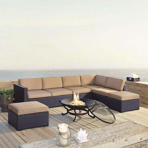 Crosley  Biscayne 6-Piece Wicker Set with Two Loveseats One Armless Chair Two Ottomans and Fire Pit