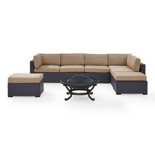 Crosley  Biscayne Mocha 6-Piece Wicker Set with Two Loveseats One Armless Chair Two Ottomans and Fire Pit