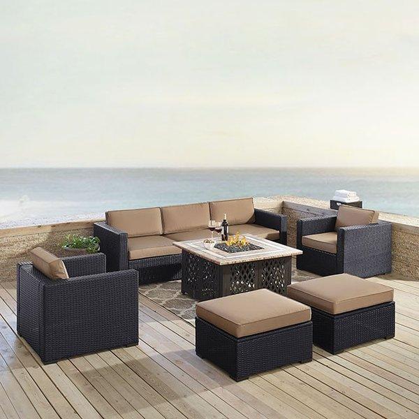 Crosley  Biscayne Mocha 7-Piece Wicker Set with One Loveseat One Corner Chair Two Arm Chairs Two Ottomans and Fire Table