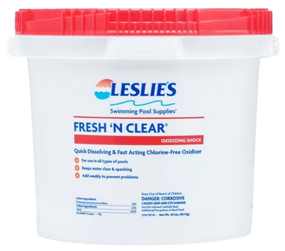 A bucket of Leslie's Fresh N Clear pool shock