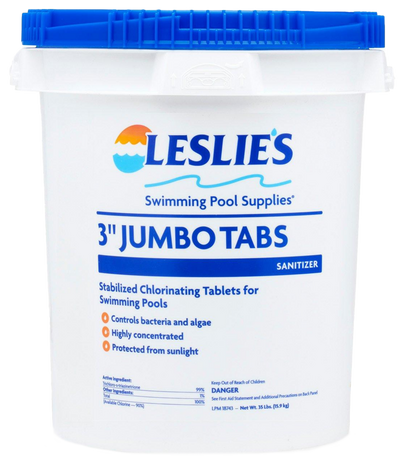 A bucket of Leslie's 3 inch jumbo chlorine tabs