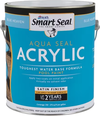 A bucket of Leslie's aqua seal acrylic pool paint