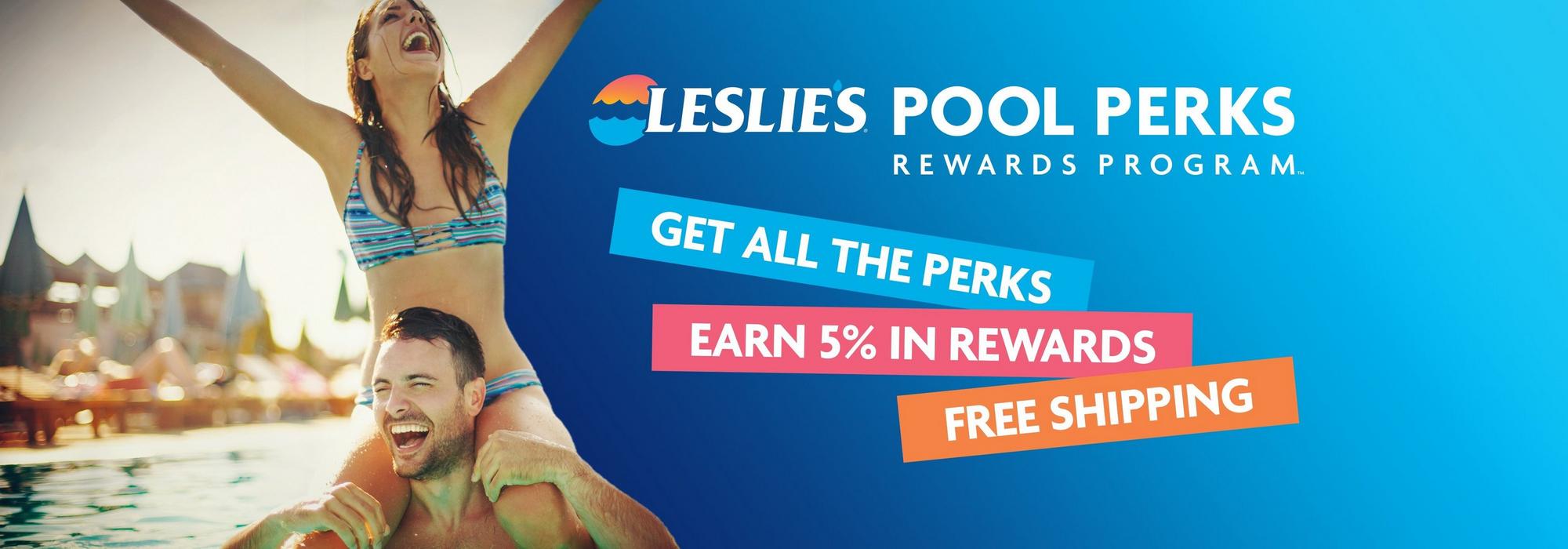 A large image advertising Leslies Pool Perks rewards program.