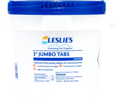 A bucket of Leslie's 3 inch jumbo chlorine tablets