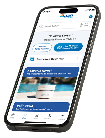 a mobile phone with the Leslies app on its screen