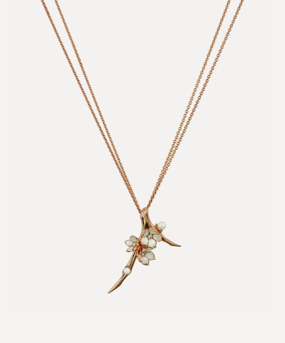Shaun Leane - Rose Gold Plated Vermeil Silver Diamond and Pearl Cherry Blossom Branch Pendant Necklace