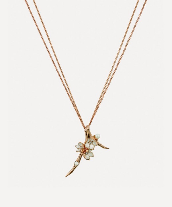 Shaun Leane - Rose Gold Plated Vermeil Silver Diamond and Pearl Cherry Blossom Branch Pendant Necklace image number null