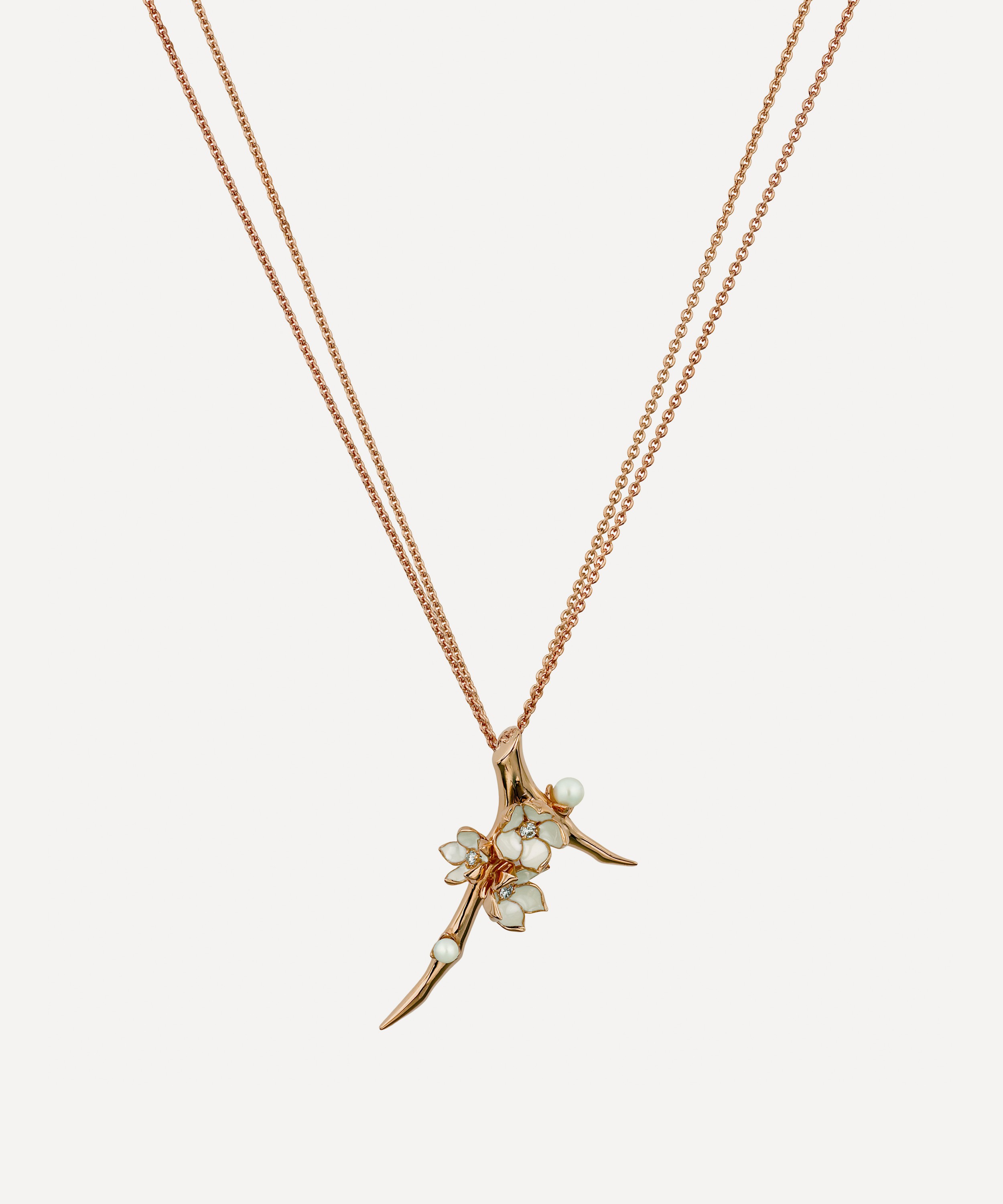 Shaun Leane - Rose Gold Plated Vermeil Silver Diamond and Pearl Cherry Blossom Branch Pendant Necklace image number 0