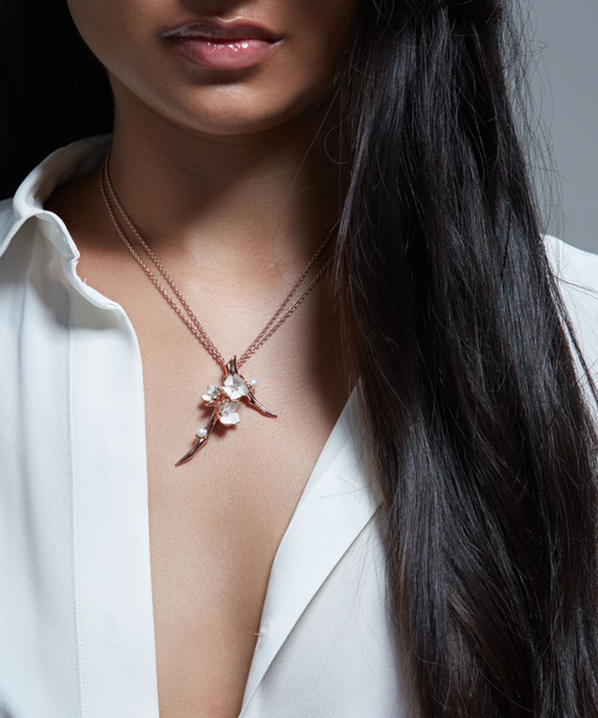 Shaun Leane - Rose Gold Plated Vermeil Silver Diamond and Pearl Cherry Blossom Branch Pendant Necklace image number 1