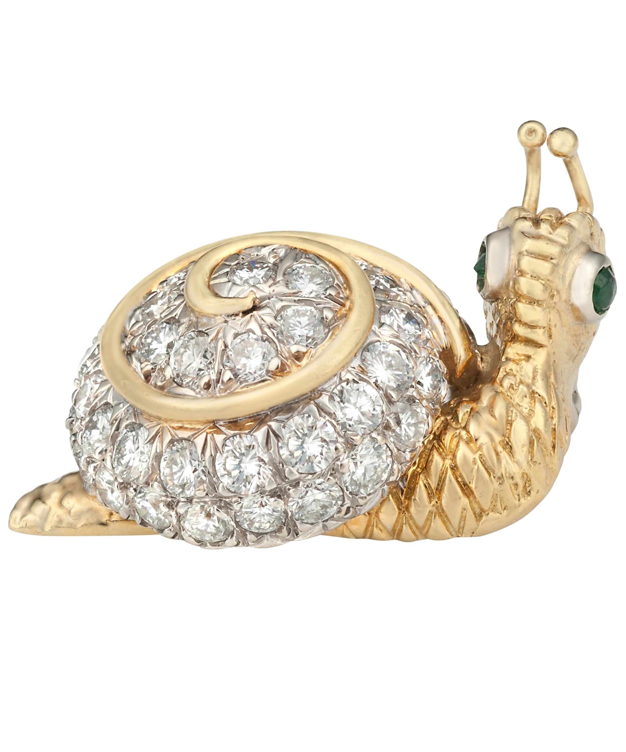 Kojis - Gold Diamond and Emerald Snail Brooch image number 0