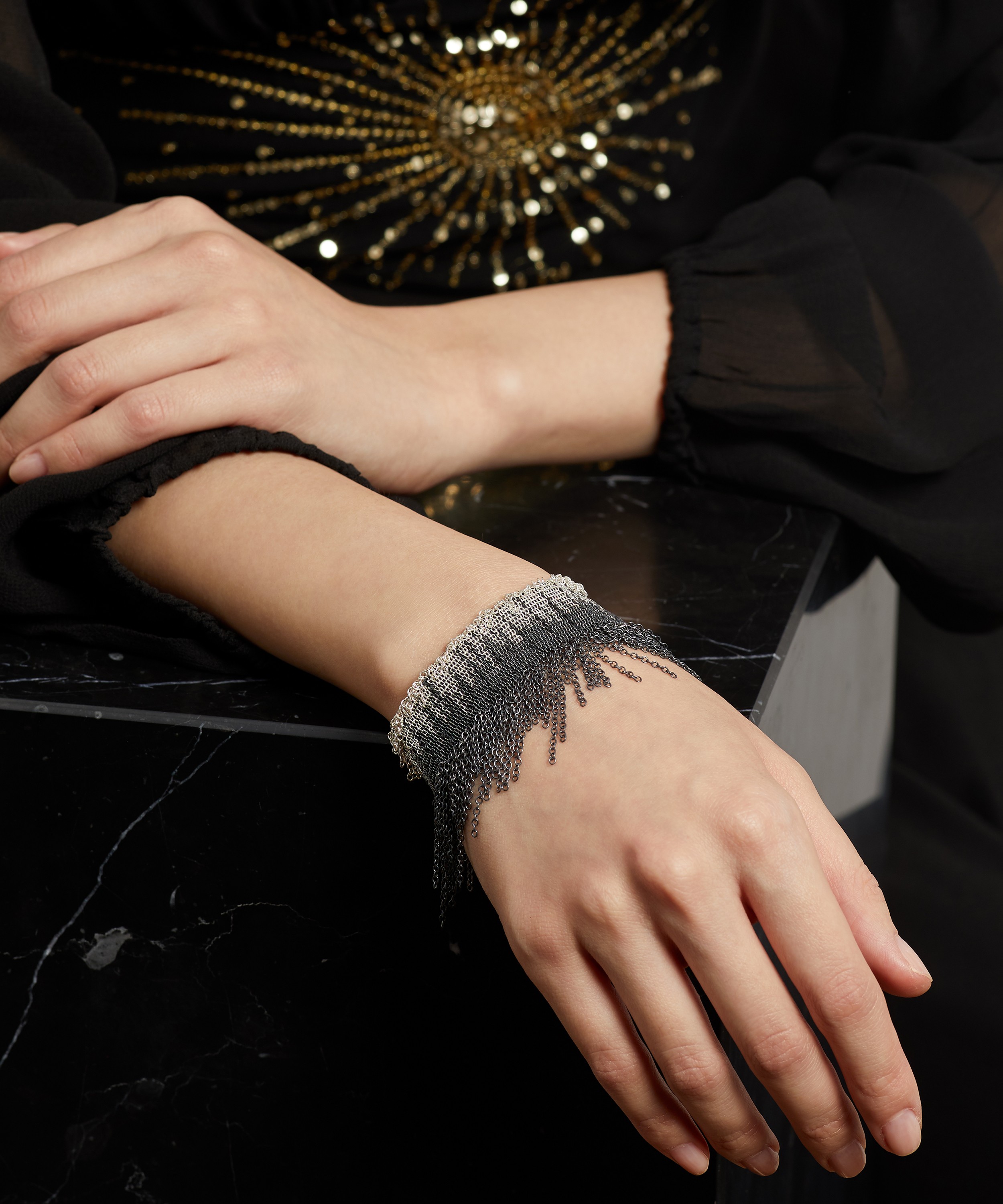 Stephanie Schneider - Oxidised Silver Wide Woven Fringed Chain Bracelet image number 1