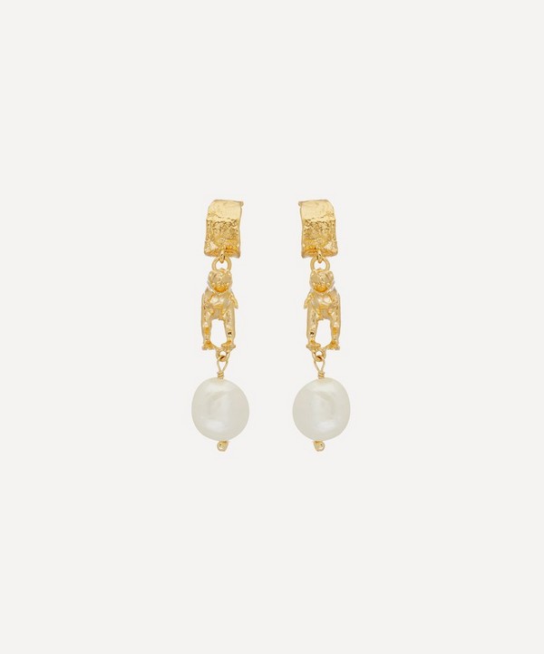 Alex Monroe - Gold-Plated Tyrannosaurus Rex Baroque Pearl Drop Earrings image number null