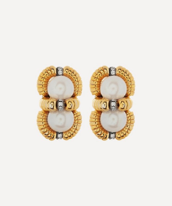 Designer Vintage - 1980s Gilt Faux Pearl and Diamond Clip-On Earrings image number null