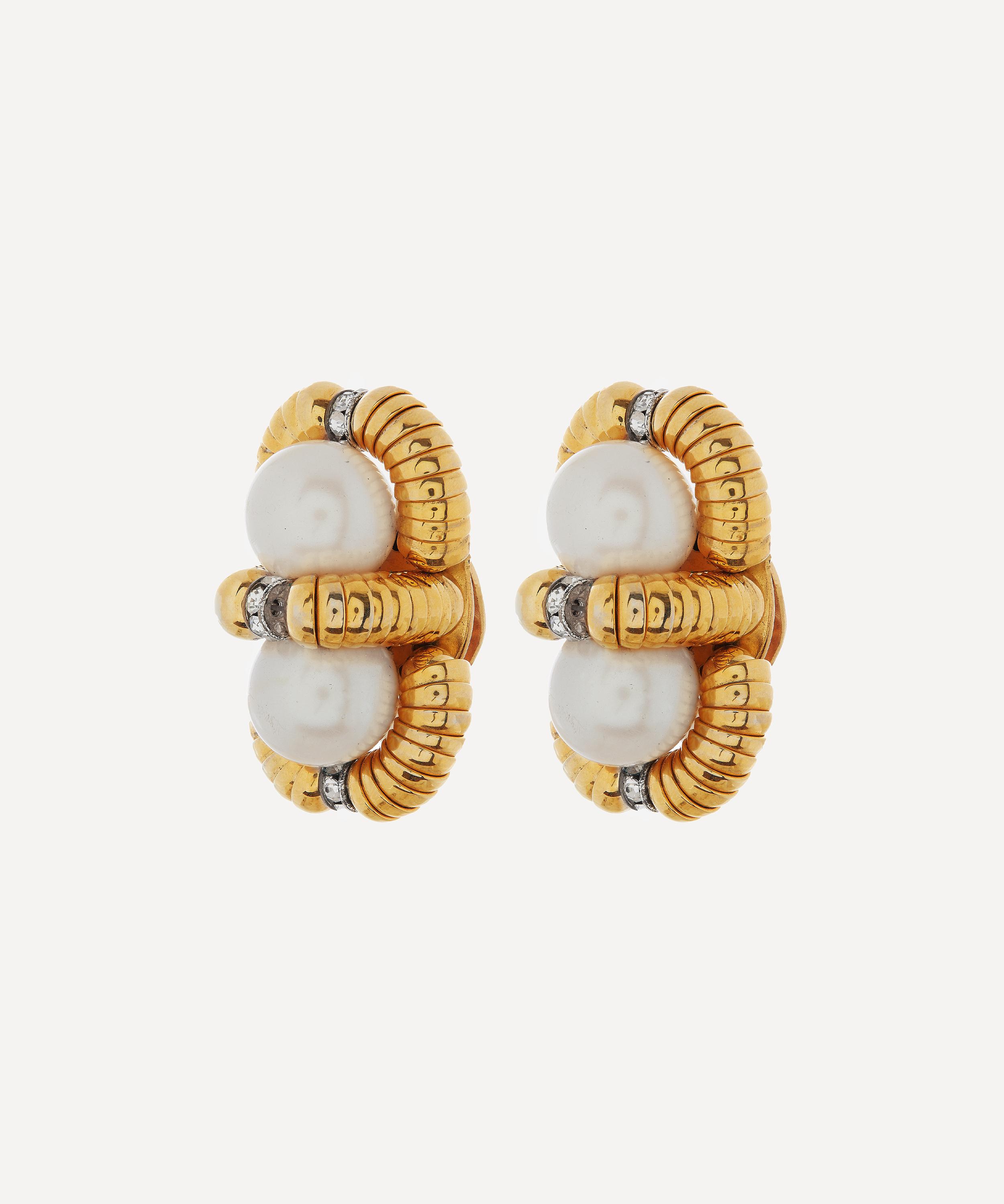 Designer Vintage - 1980s Gilt Faux Pearl and Diamond Clip-On Earrings image number 2
