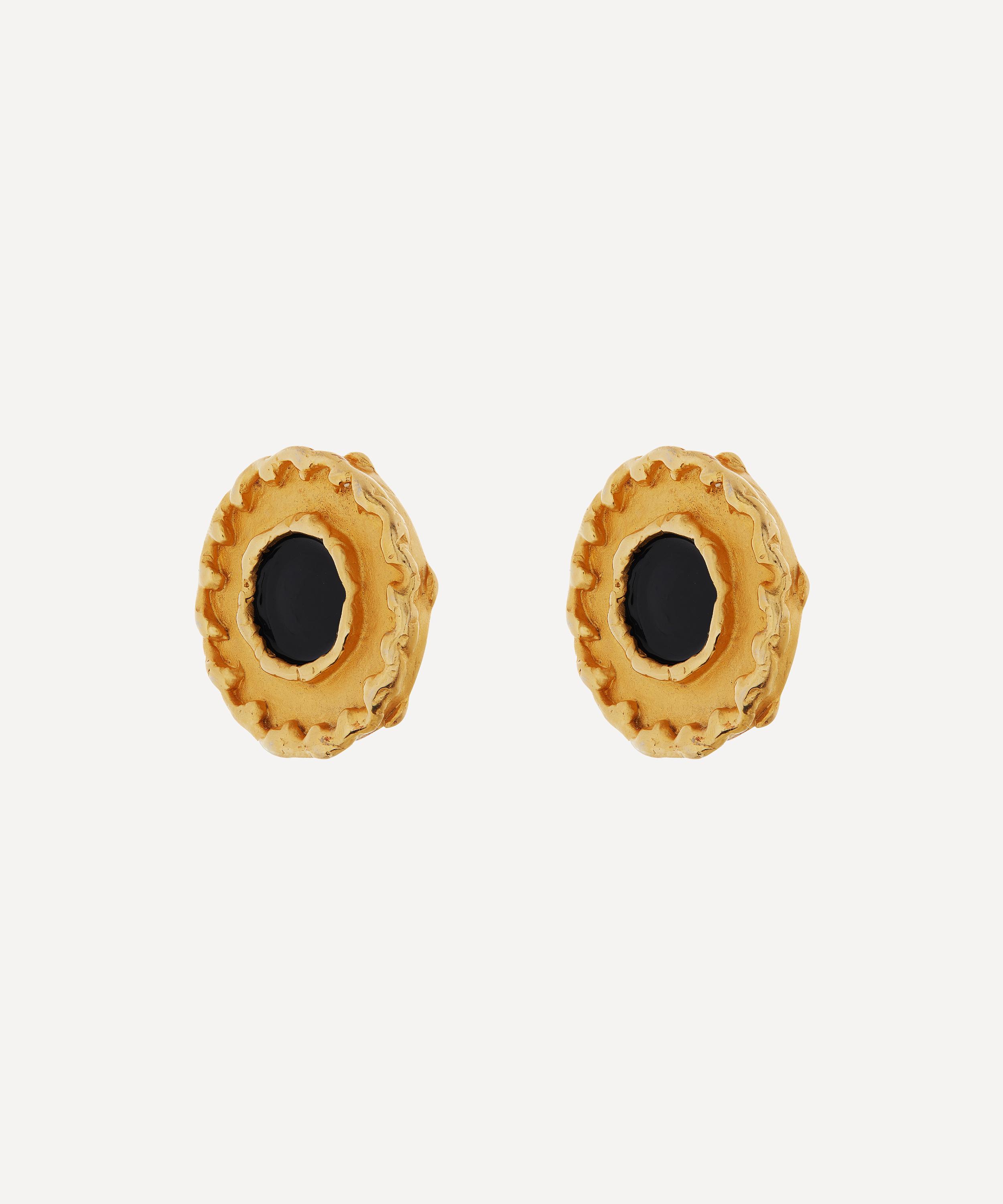 Designer Vintage - 1980s Donna Karan New York Gilt Black Lacquer Clip-On Earrings image number 2