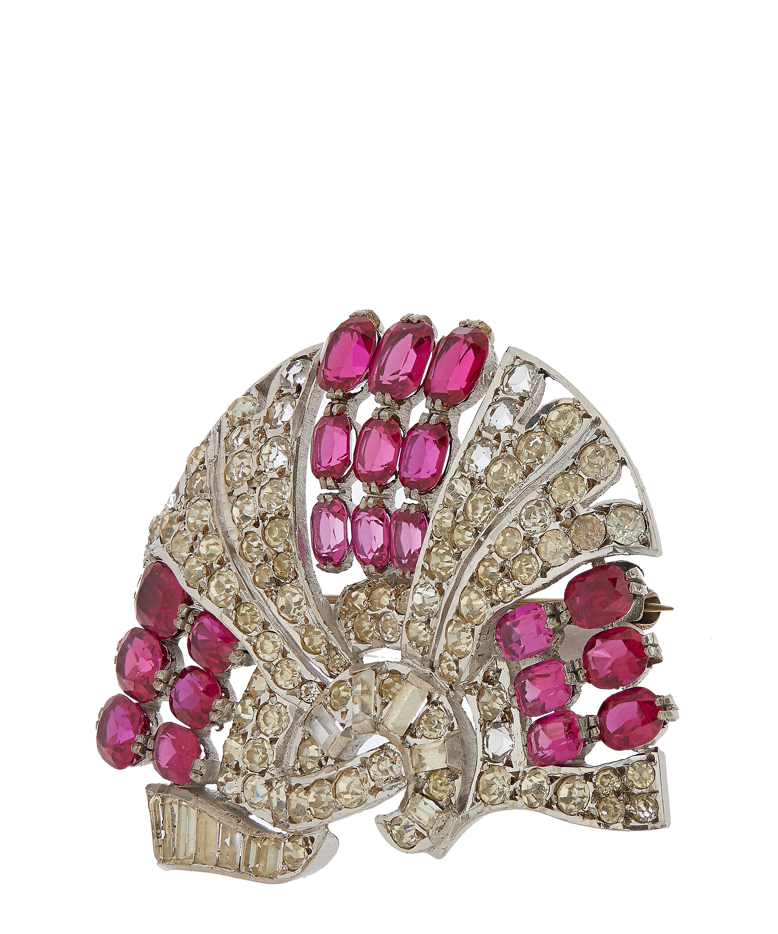 Designer Vintage - 1930s White Metal Faux Diamond and Ruby Brooch image number 2