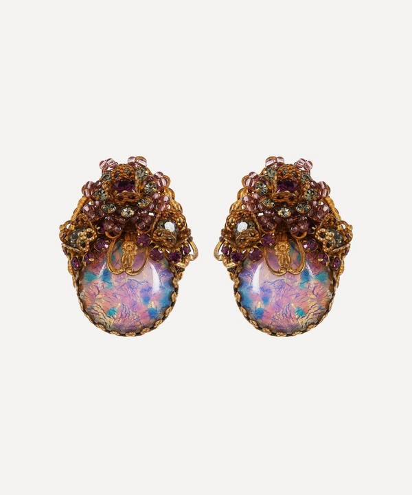 Designer Vintage - 1940s Miriam Haskell Gilt Faux Opal Clip-On Earrings image number null
