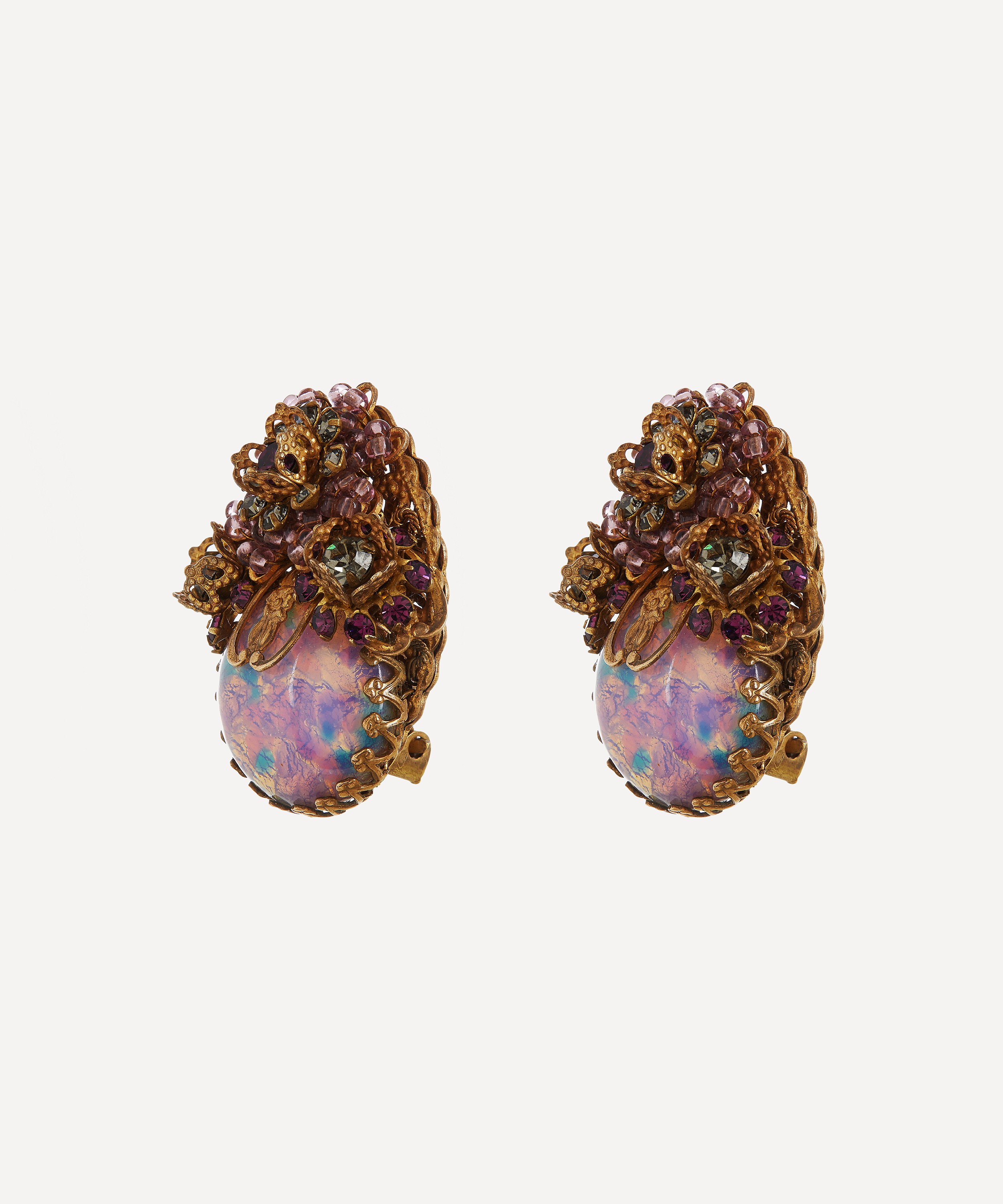 Designer Vintage - 1940s Miriam Haskell Gilt Faux Opal Clip-On Earrings image number 2