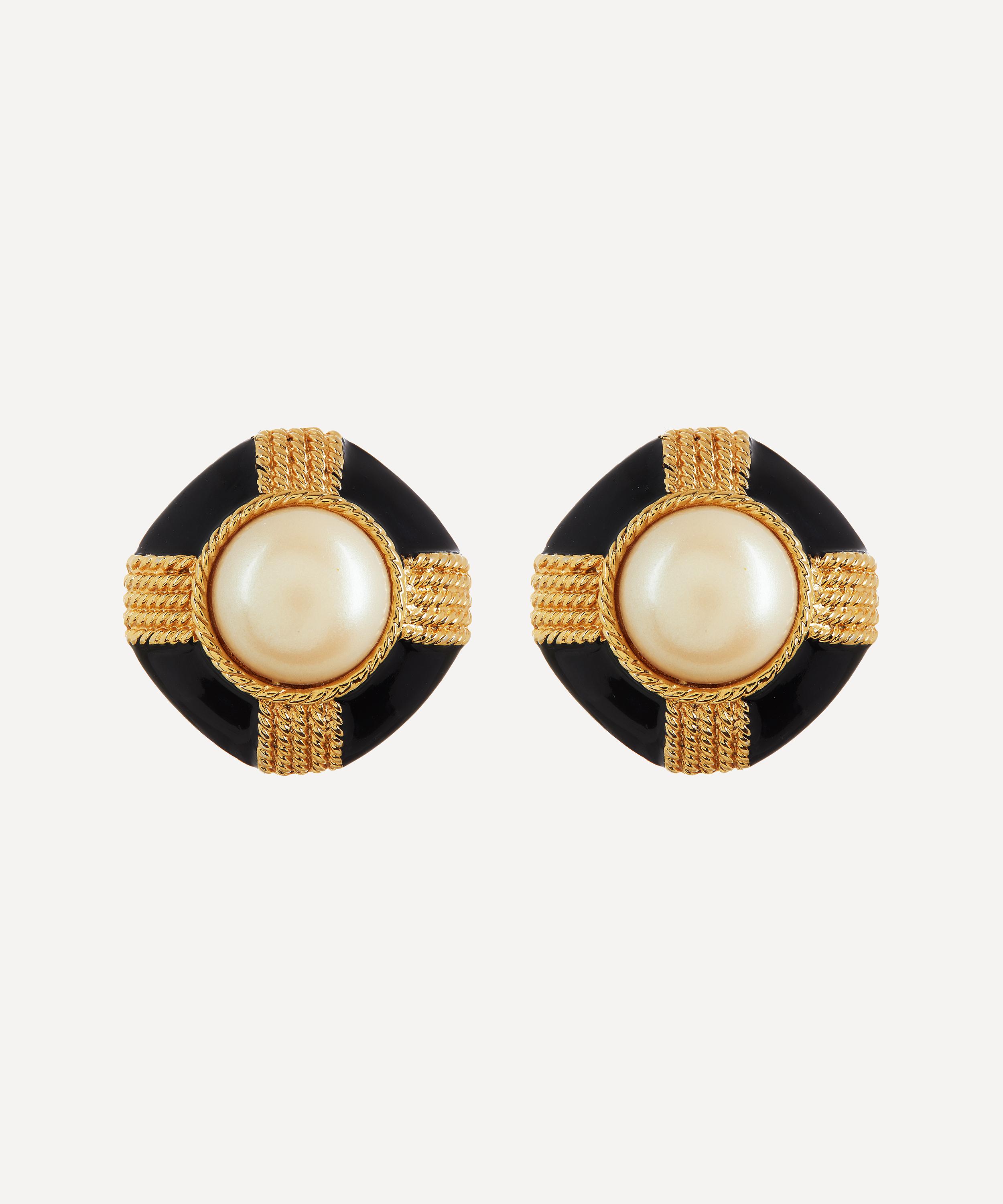 Designer Vintage 1980s Gilt Faux Pearl And Black Lacquer Clip-on Earrings In Gold