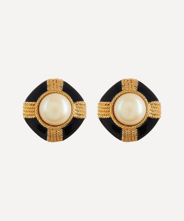 Designer Vintage - 1980s Gilt Faux Pearl and Black Lacquer Clip-On Earrings image number null