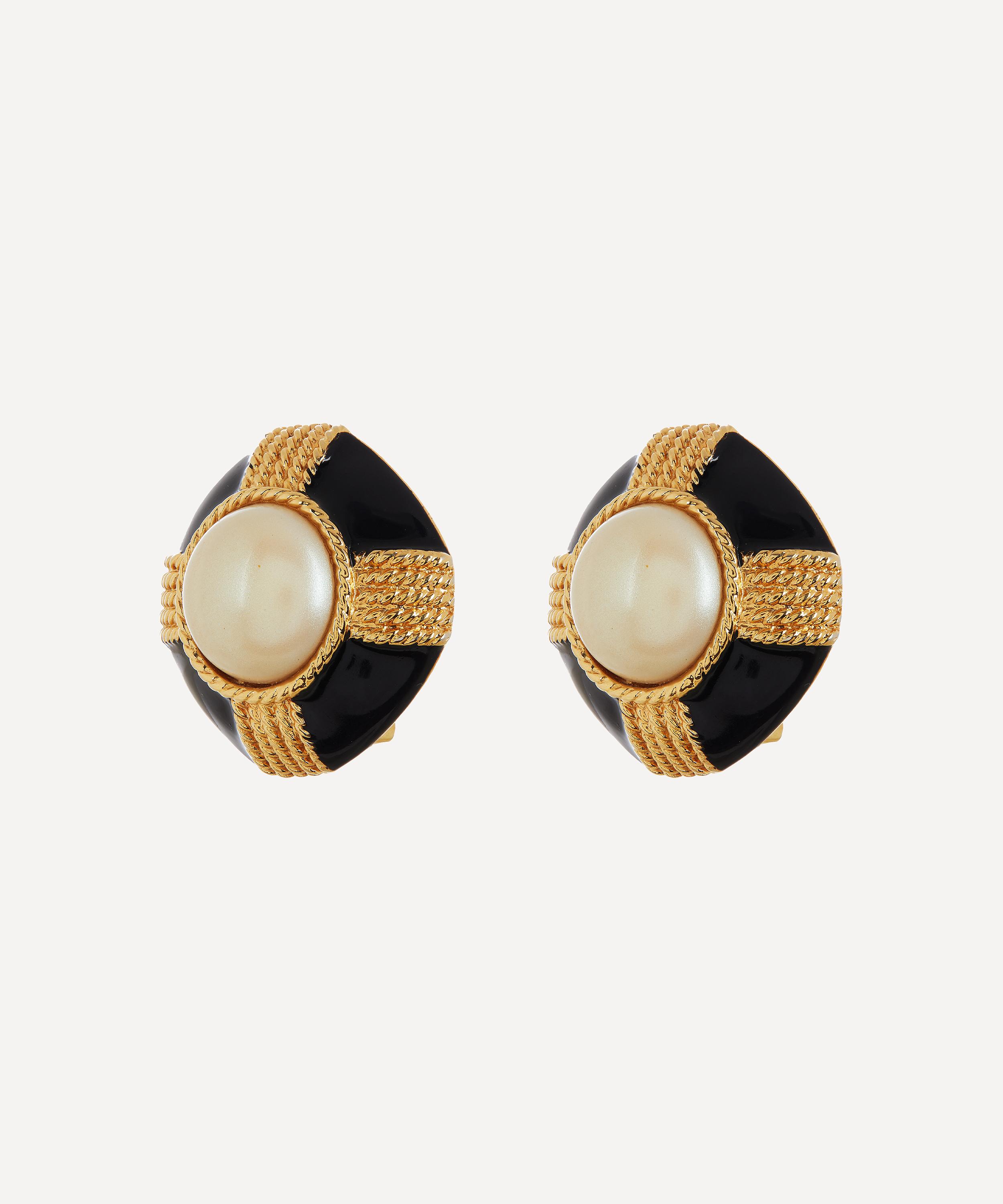 Designer Vintage - 1980s Gilt Faux Pearl and Black Lacquer Clip-On Earrings image number 2