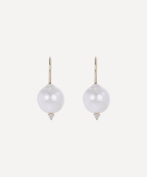 Mizuki - 14ct Gold Small Pearl and Diamond Drop Earrings image number null