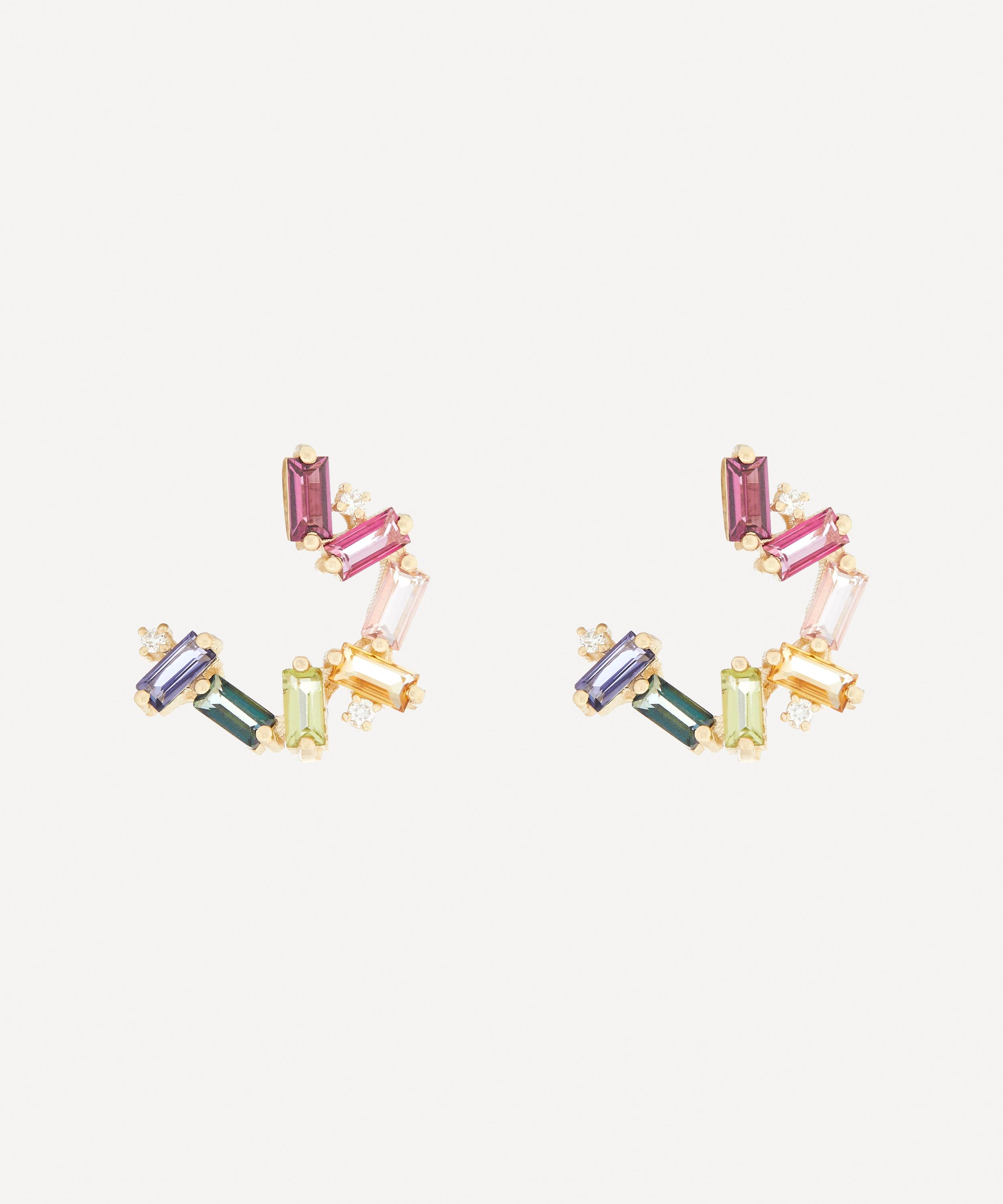 Suzanne Kalan - 14ct Gold Multi-Stone Small Rainbow Baguette Spiral Hoop Earrings image number 0