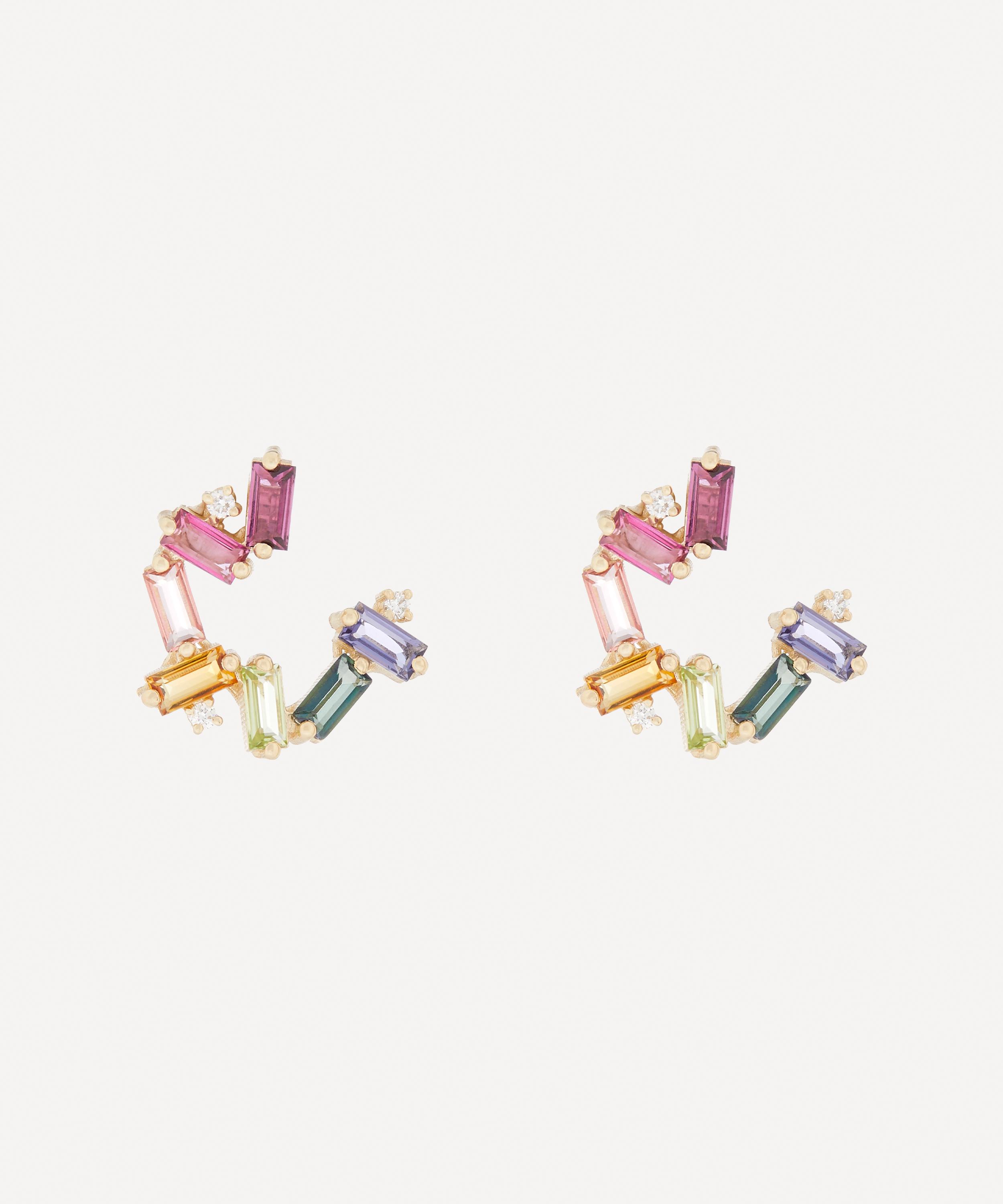 Suzanne Kalan - 14ct Gold Multi-Stone Small Rainbow Baguette Spiral Hoop Earrings image number 2