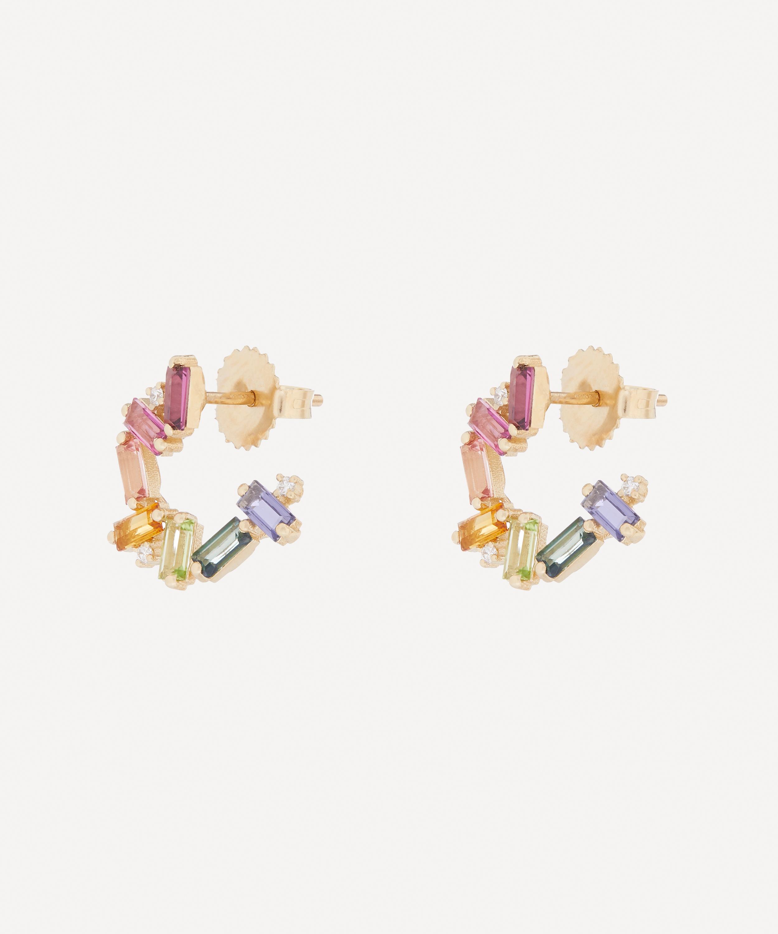 Suzanne Kalan - 14ct Gold Multi-Stone Small Rainbow Baguette Spiral Hoop Earrings image number 4