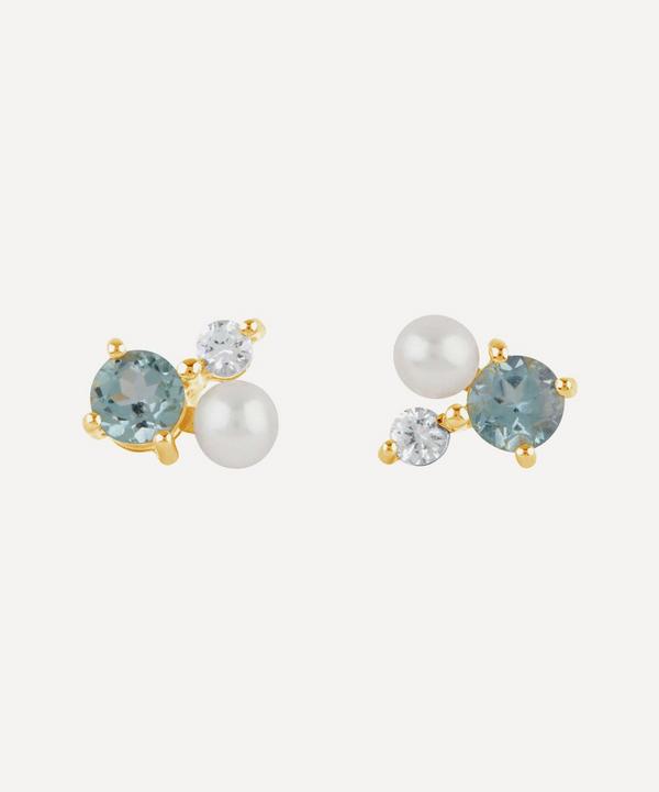 Dinny Hall - Gold Plated Vermeil Silver Gem Drop Trilogy Topaz and Pearl Stud Earrings image number null
