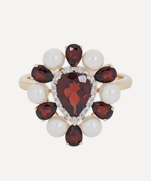 Gold Woman in Red Pearl and Garnet Ring