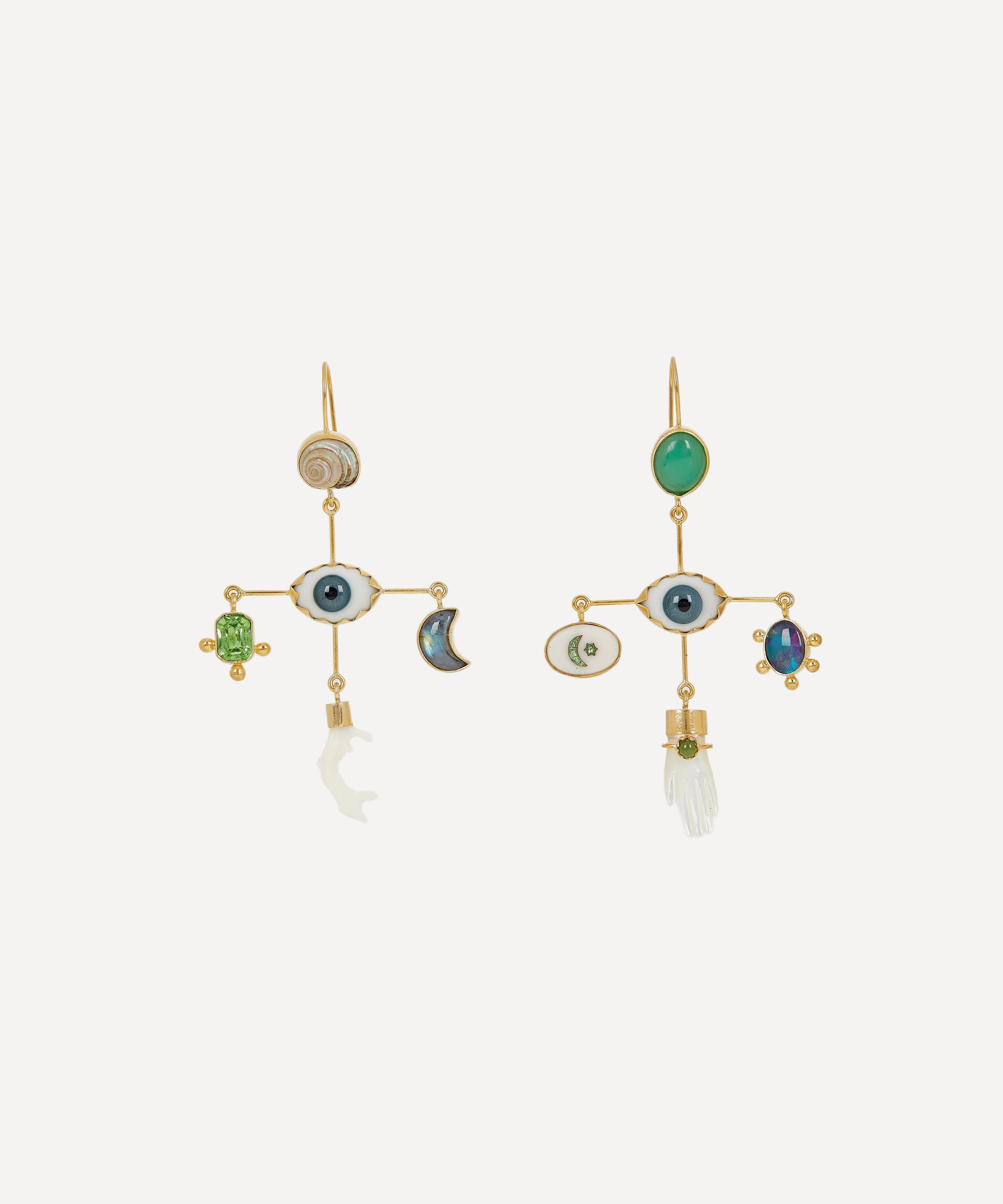 Grainne Morton - Gold-Plated Eye Cross Asymmetric Multi-Stone Drop Earrings image number 0