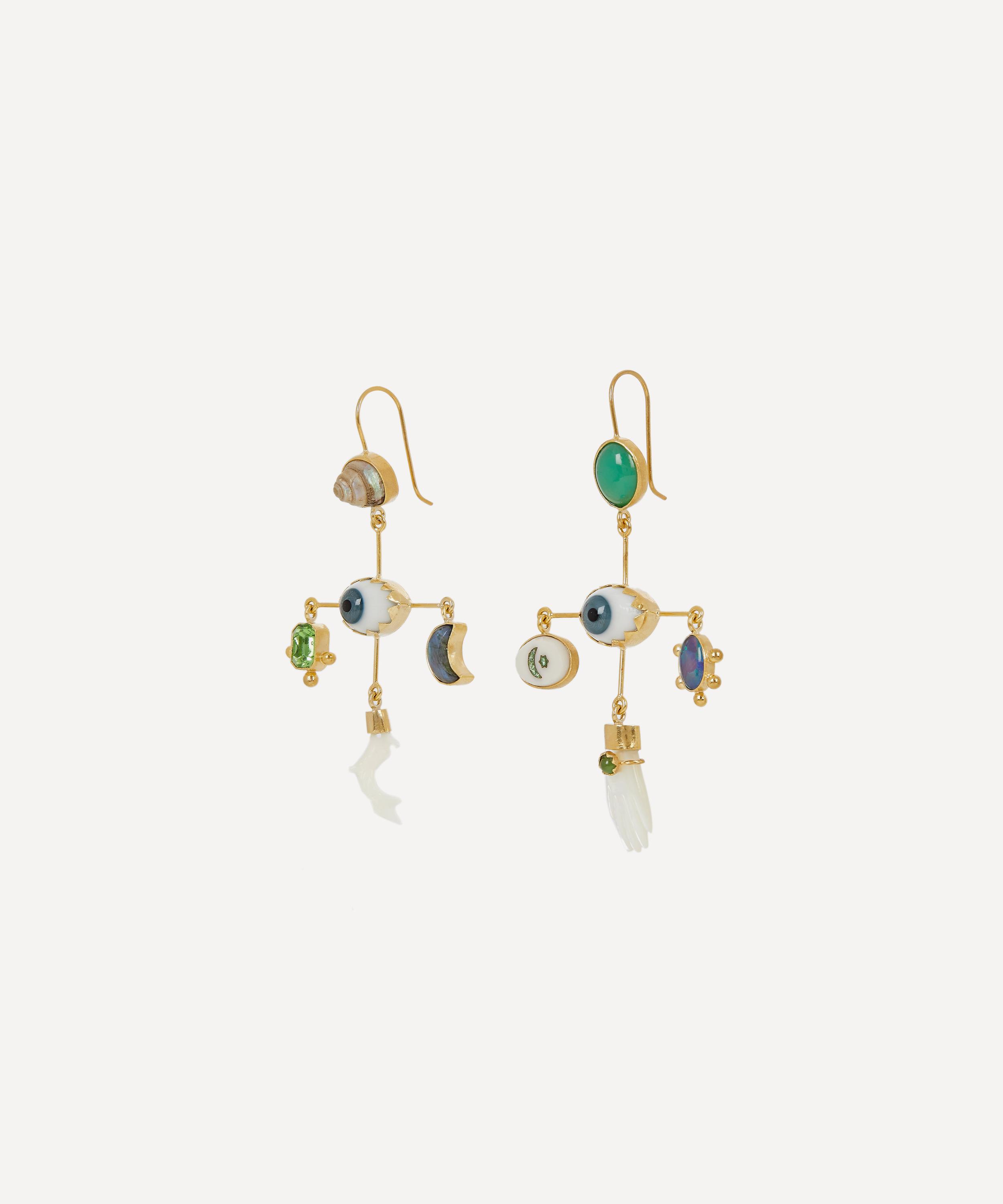 Grainne Morton - Gold-Plated Eye Cross Asymmetric Multi-Stone Drop Earrings image number 1