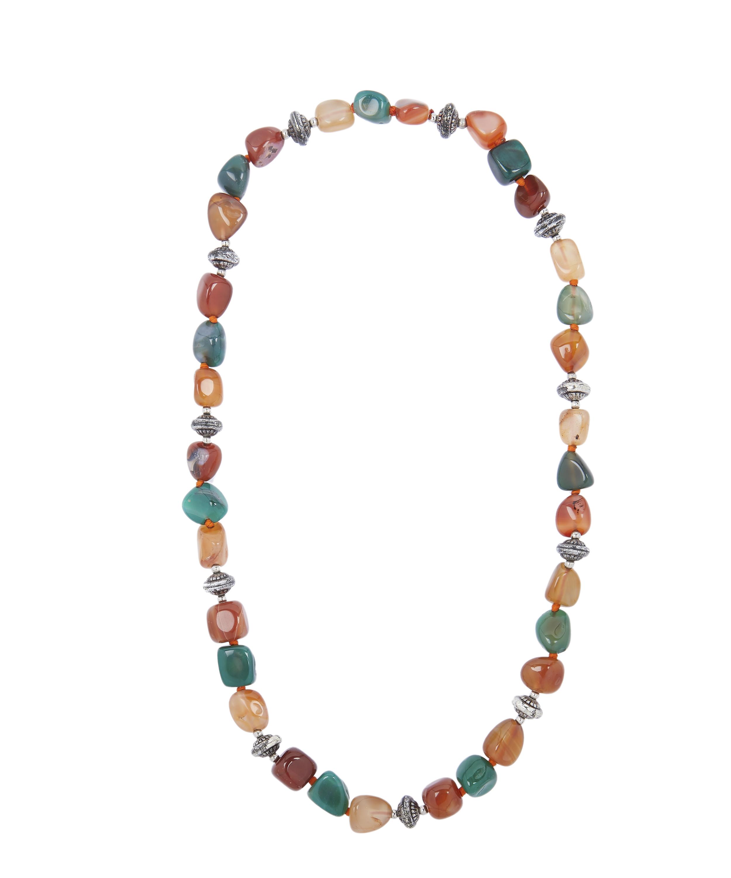 Designer Vintage 1980s Silver Carnelian And Green Agate Beaded Necklace