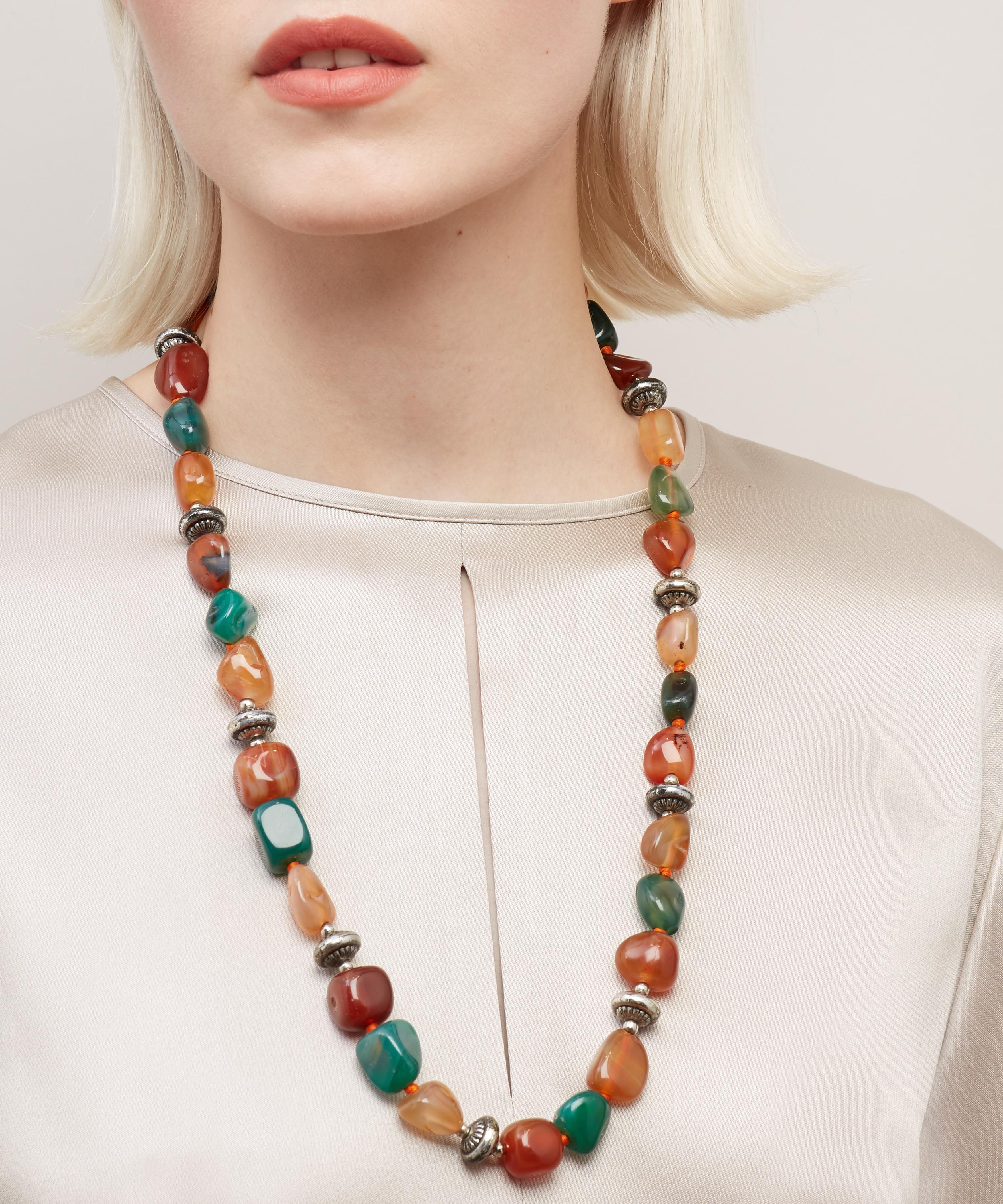 Designer Vintage 1980s Silver Carnelian And Green Agate Beaded Necklace In Silver