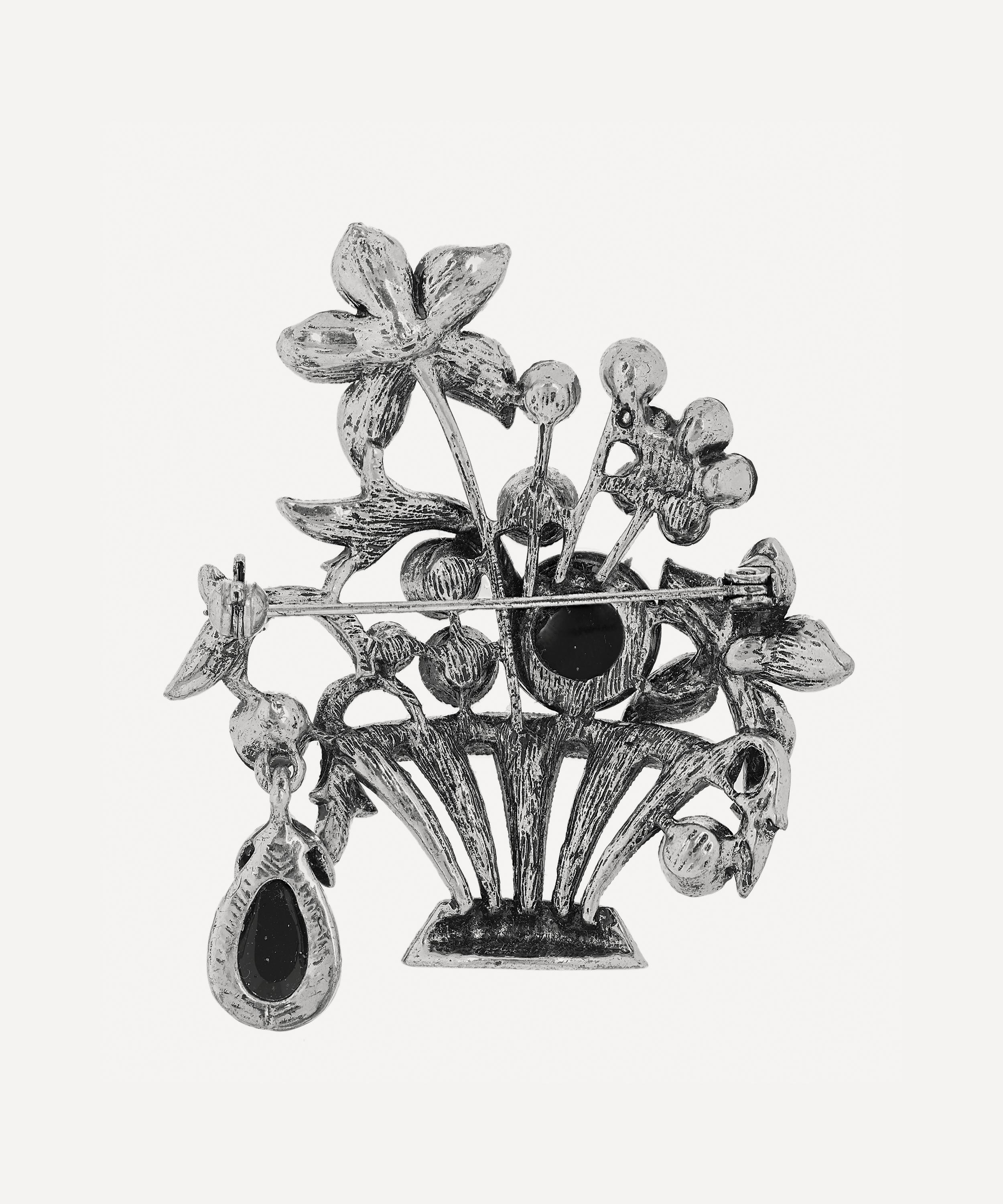 Designer Vintage - 1950s White Metal Faux Diamond and Black Jet Floral Brooch image number 3