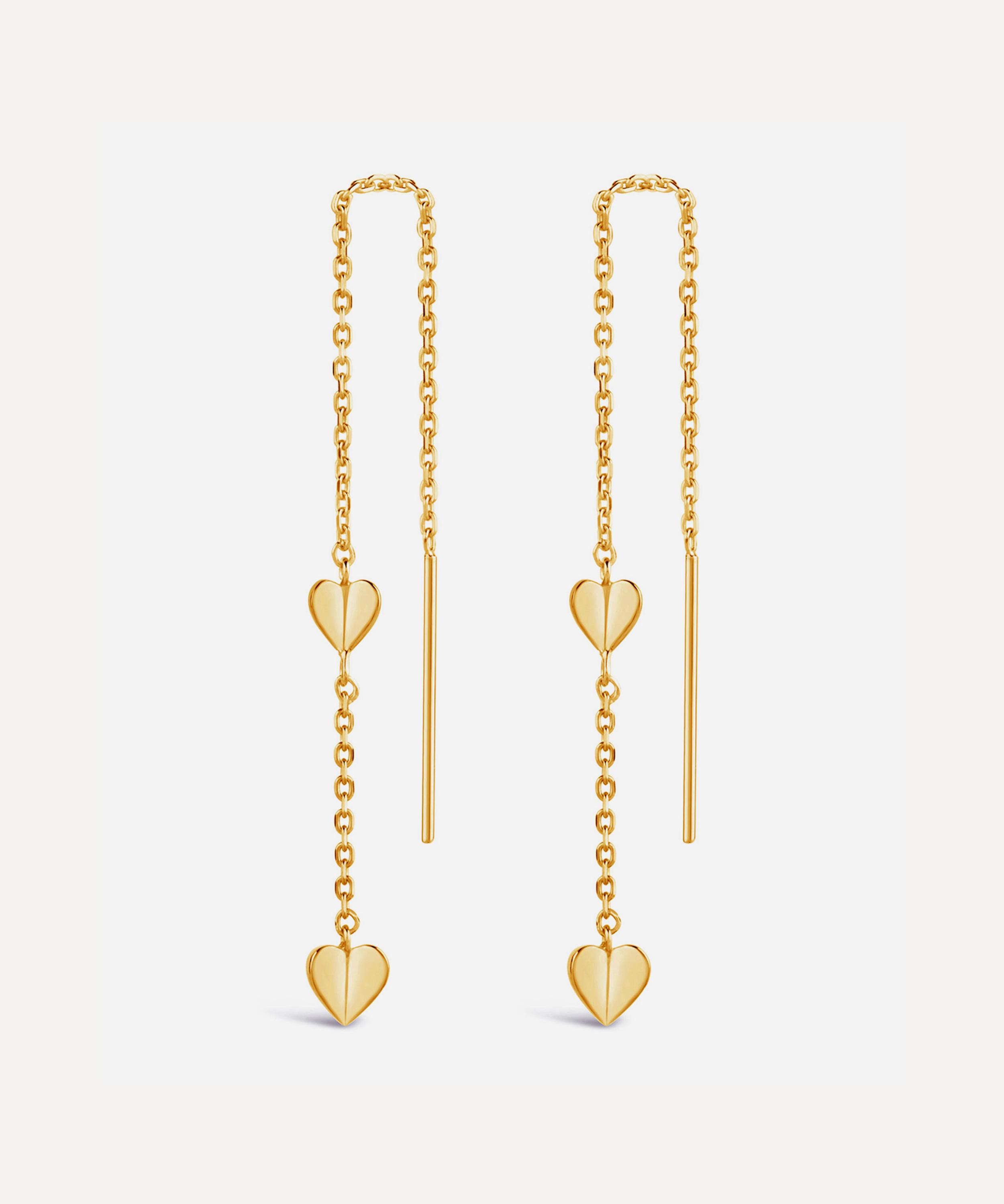 Dinny Hall - Gold Plated Vermeil Silver Bijou Folded Heart Threaded Chain Drop Earrings image number 0