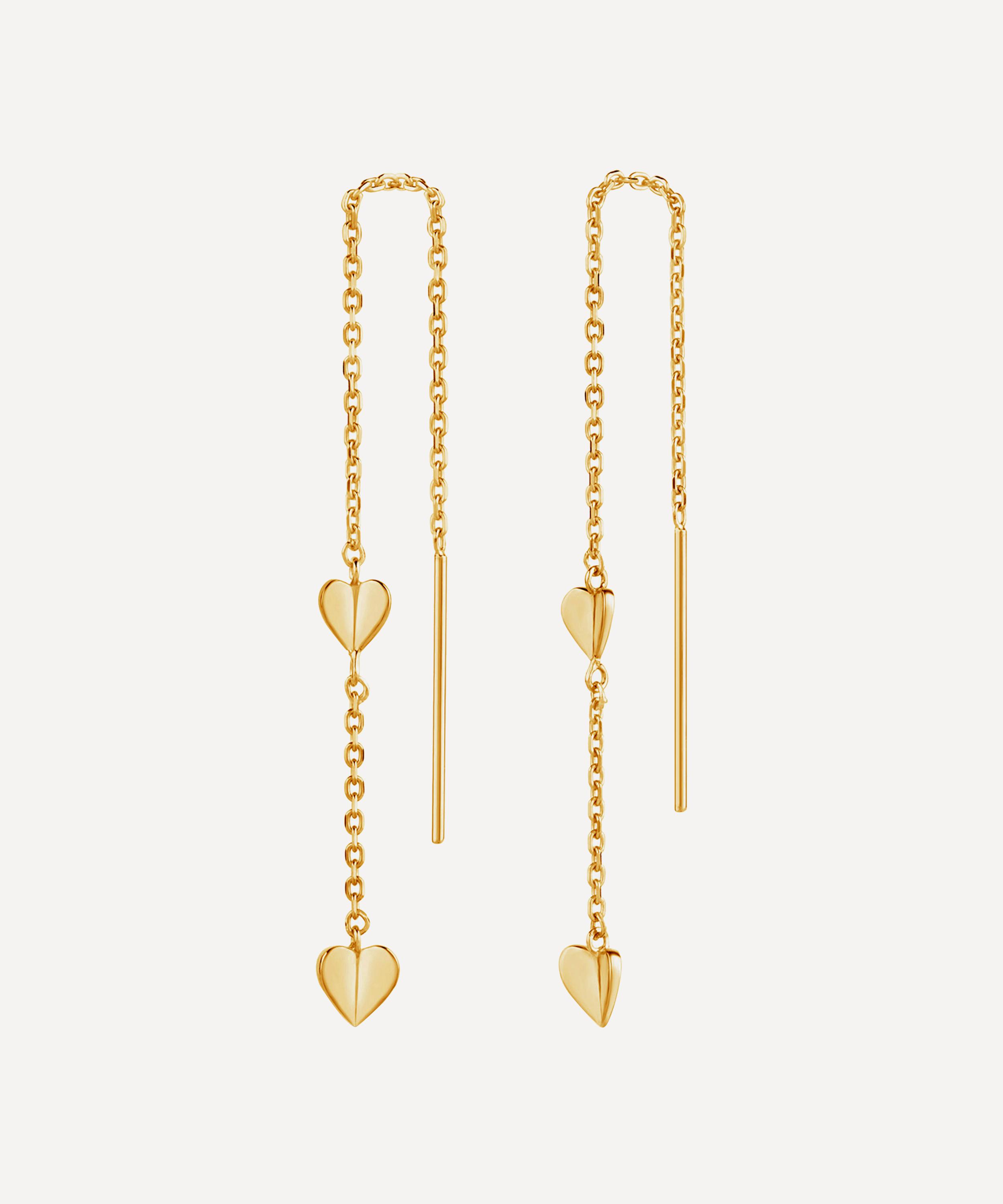 Dinny Hall - Gold Plated Vermeil Silver Bijou Folded Heart Threaded Chain Drop Earrings image number 2