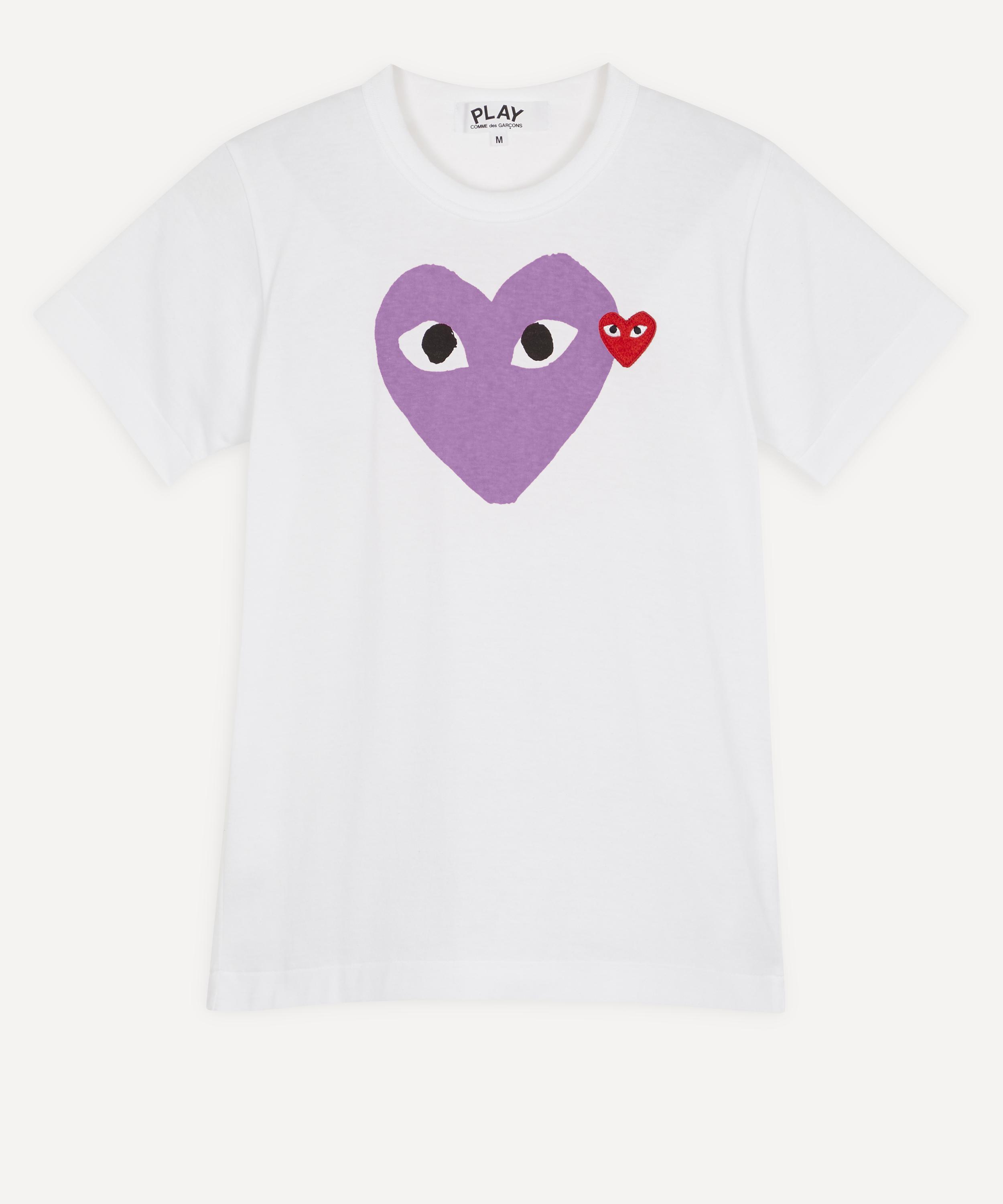 Comme Des Garçons Play White & Purple Large Double Heart T-shirt In Purple