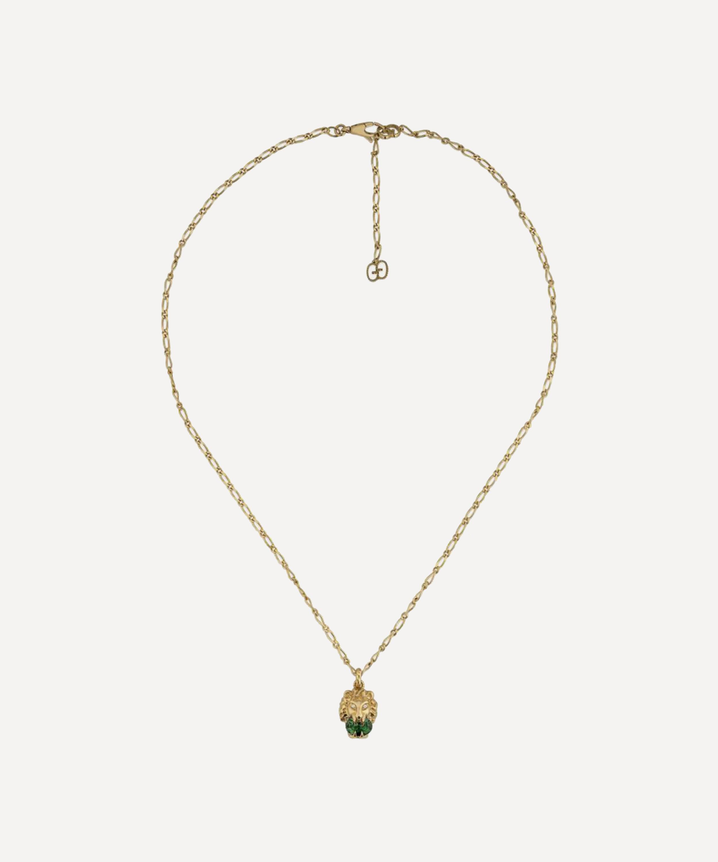 GUCCI GOLD CHROME DIOPSIDE AND DIAMOND LION HEAD PENDANT NECKLACE