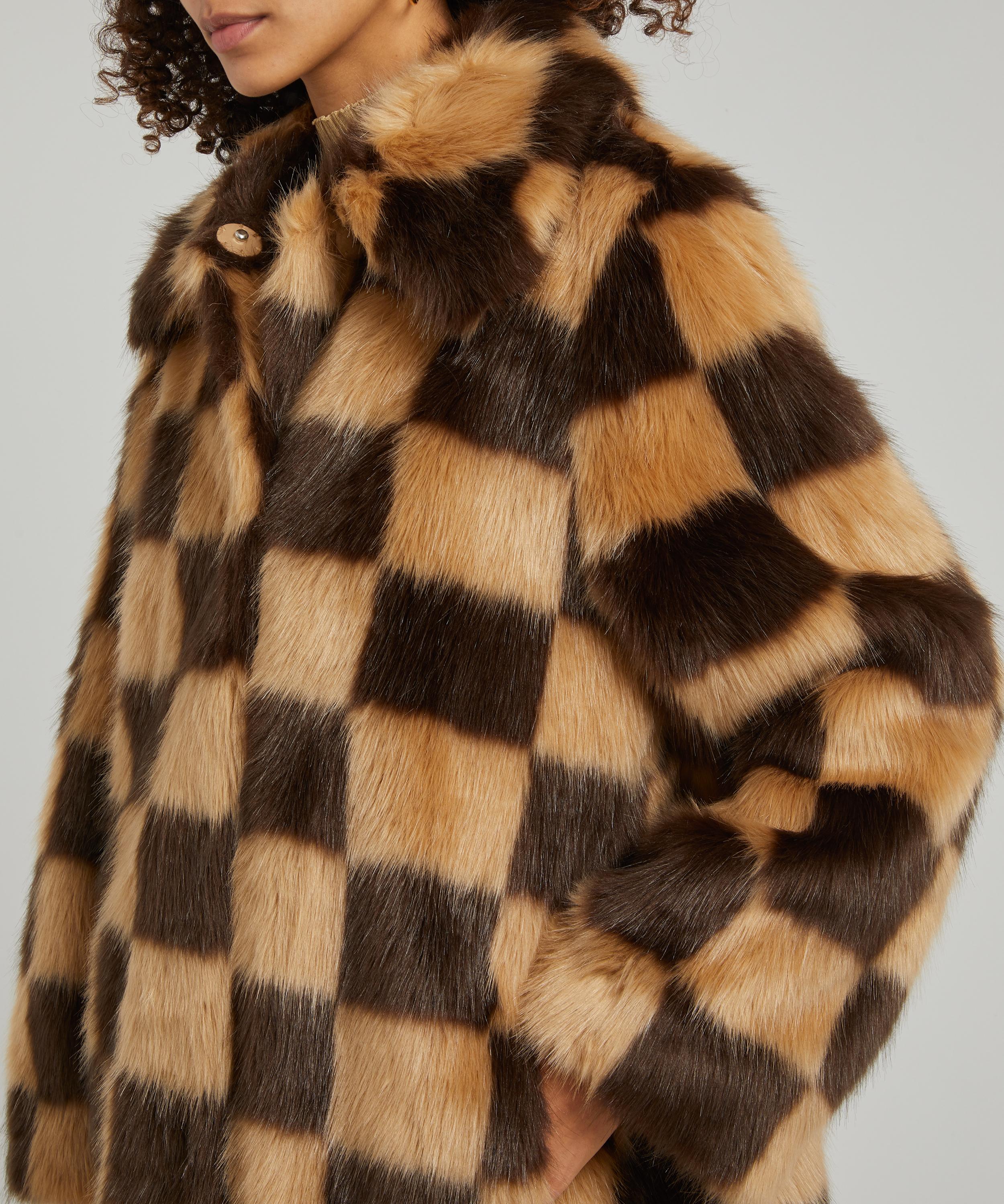 checkerboard faux fur coat